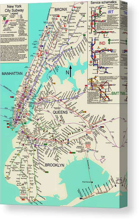 Map Canvas Print featuring the photograph NYC Subway Map by Mountain Dreams