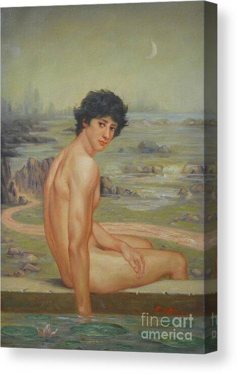 Original Canvas Print featuring the painting Original Classic Oil Painting Boy Body Art Male Nude Lotus #16-2-4-01 by Hongtao Huang