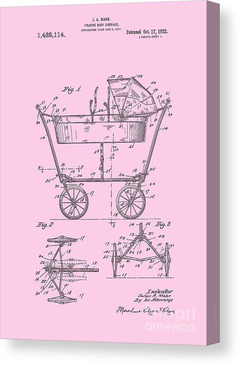 Baby Carriage Canvas Print featuring the digital art Patent Art Baby Carriage 1922 Mahr Design Pink by Lesa Fine
