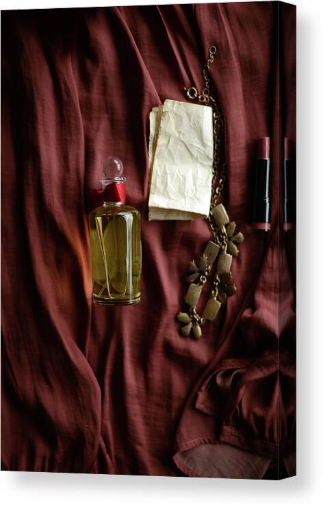 Make-up Canvas Print featuring the photograph Perfume Bottle, Necklace And Lipstick by Kristina Strasunske