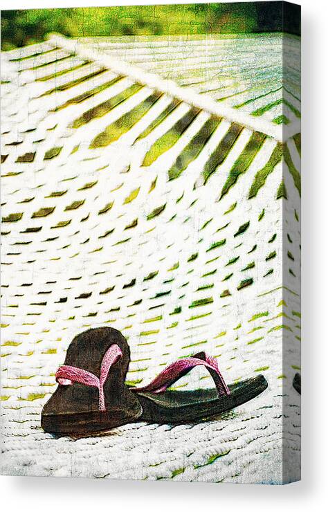 Flip Flops Canvas Print featuring the digital art Pink flip flops on backyard rope hammock vintage scratched style by Marianne Campolongo