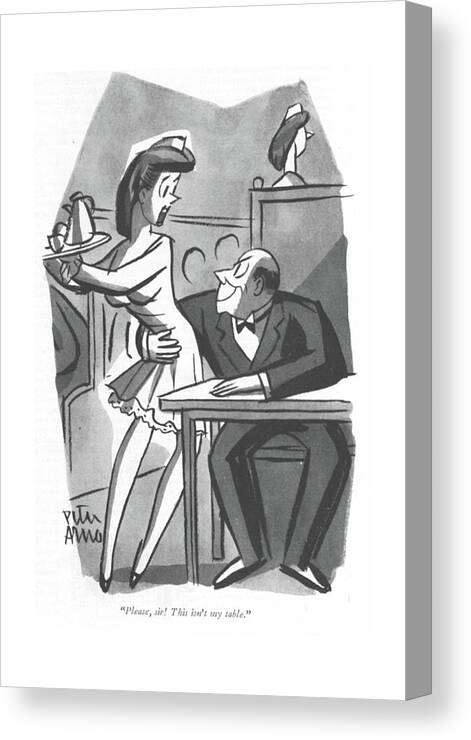 113154 Par Peter Arno Customer Grabs Waitress.
 Attraction Attractive Cafe Cafes Chase Club Clubs Customer ?irt ?irting Grab Grabs Hail Hit Hitting Night Restaurants Rude Service Sex Sexual Sexy Waitress Waitresses Canvas Print featuring the drawing Please, Sir! This Isn't My Table by Peter Arno