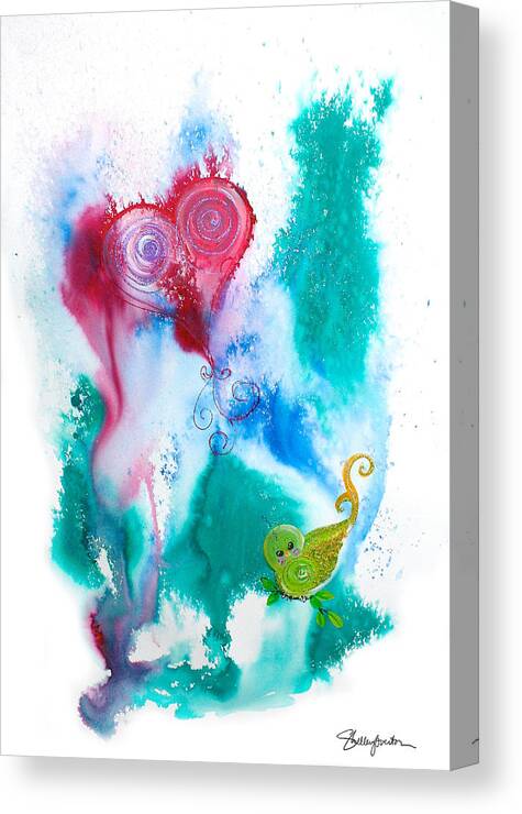 Bird Canvas Print featuring the painting Raining Hearts Birdy by Shelley Overton
