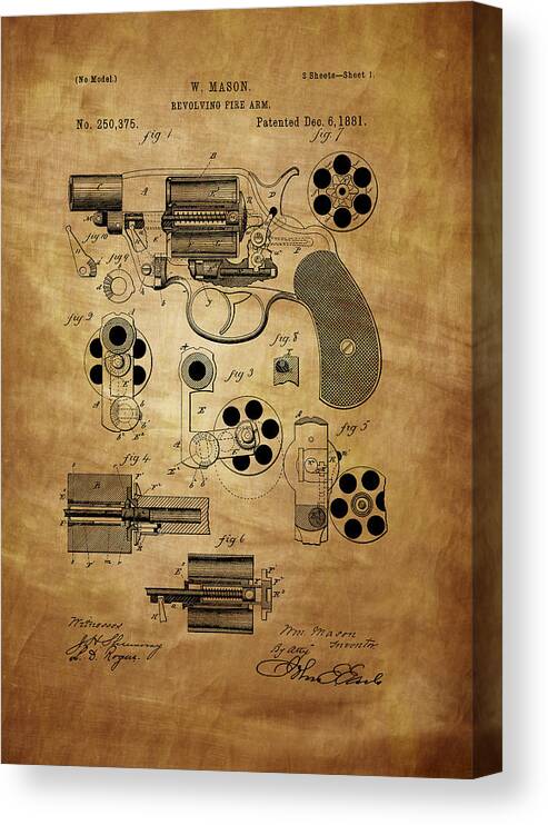 Revolver Canvas Print featuring the photograph Revolving Fire Arm Patent 1881 by Chris Smith