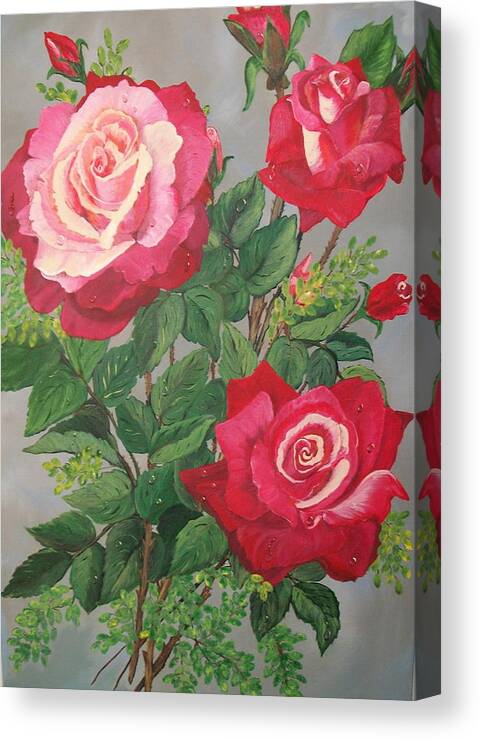   Red Roses Canvas Print featuring the painting Roses n' Rain by Sharon Duguay