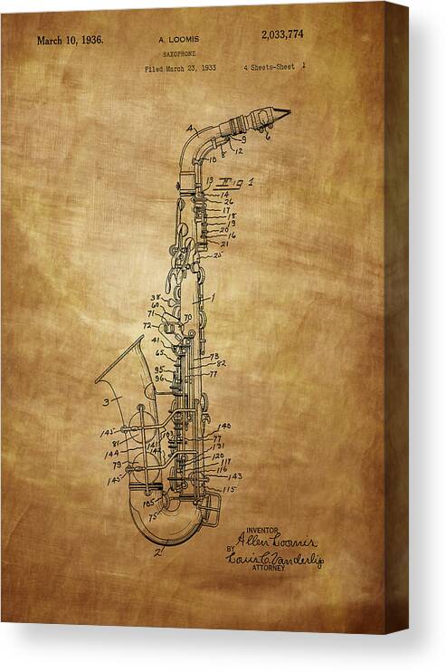 Saxophone Canvas Print featuring the photograph Saxophone Patent Drawing From 1933 by Chris Smith