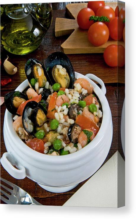 Central Italy Canvas Print featuring the photograph Seafood Rice With Mussels, Shrimps by Nico Tondini