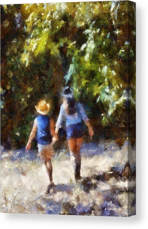 Painting Of Two Sisters Walking Hand In Hand In The Woods Canvas Print featuring the digital art Sisters by Carrie OBrien Sibley