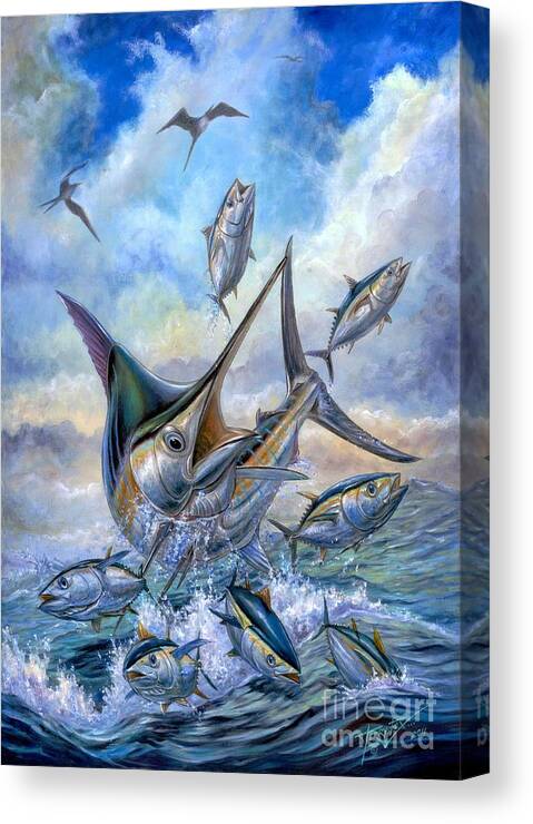 Blue Marlin Canvas Print featuring the painting Small Tuna And Blue Marlin Jumping by Terry Fox