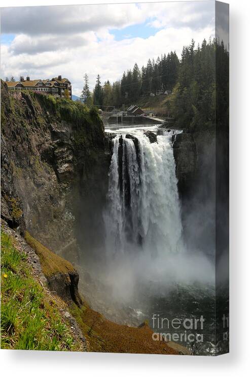 Snoqualmie Falls Canvas Print featuring the photograph Snoqualmie Falls with Lodge by Carol Groenen
