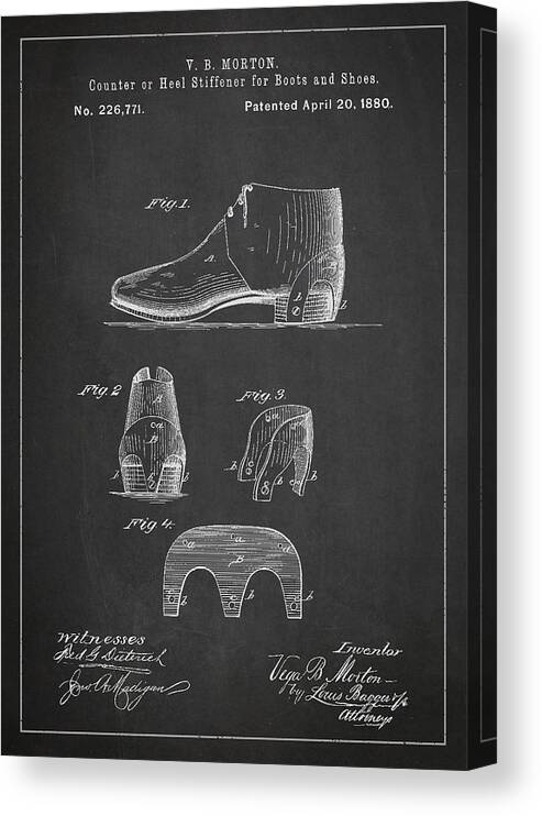 Shoe Canvas Print featuring the digital art Stiffner for Boots and shoes Patent Drawing From 1880 by Aged Pixel