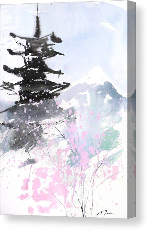 Woods Canvas Print featuring the painting sumie No.10 Pagoda and Mt.Fuji by Sumiyo Toribe