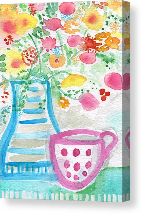 Flowers Canvas Print featuring the painting Tea and Fresh Flowers- whimsical floral painting by Linda Woods
