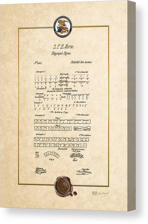 C7 Vintage Patents And Blueprints Canvas Print featuring the digital art Telegraph Signs by S.F.B. Morse - Morse Code - Vintage Patent Document by Serge Averbukh