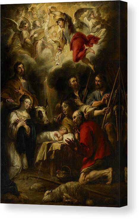 Christmas Cards Canvas Print featuring the painting The Adoration of the Shepherds by Jan Cossiers