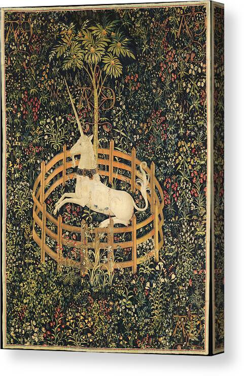 Mythology Canvas Print featuring the tapestry - textile The Unicorn in Captivity by Unknown