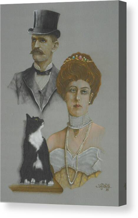 Victorian Man Female Cat Top Hat Woman Necklace People Pastel Drawing Canvas Print featuring the drawing The Victorian Mask by Terry White