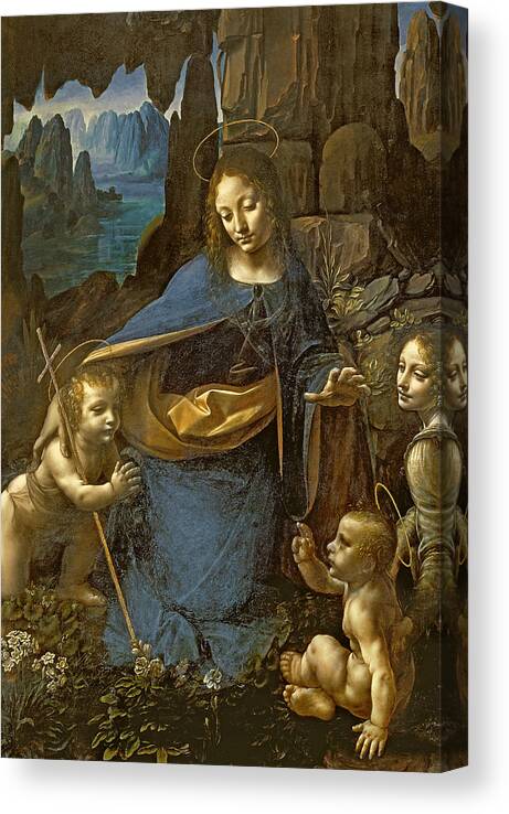 The Virgin Of The Rocks Canvas Print featuring the painting The Virgin of the Rocks by Leonardo Da Vinci