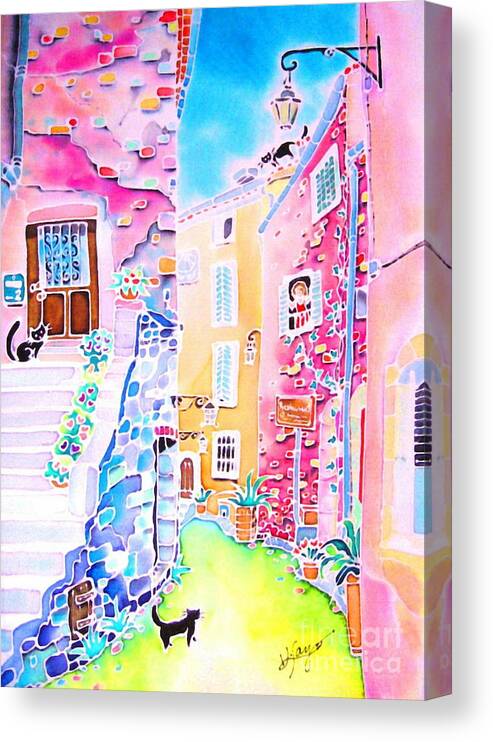 France Canvas Print featuring the painting Three cats in the alley by Hisayo OHTA
