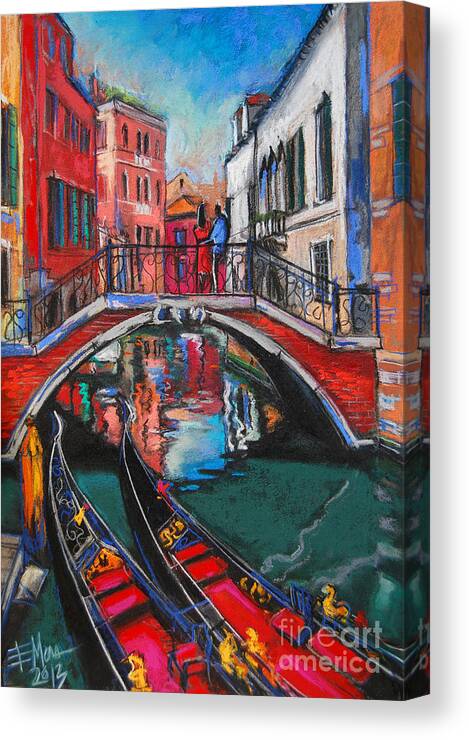 Two Gondolas In Venice Canvas Print featuring the painting Two Gondolas In Venice by Mona Edulesco