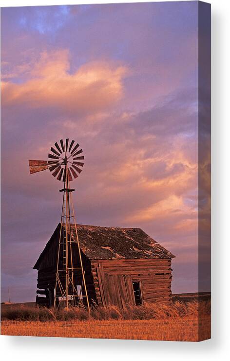 Outdoors Canvas Print featuring the photograph Windmill and Barn Sunset by Doug Davidson