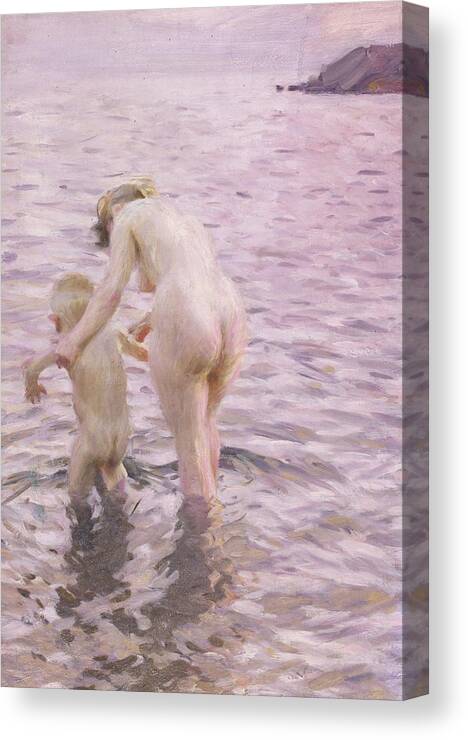Mother; Child; Baby; Toddler; Female; Woman; Maternity; Maternal; Guiding; Leading; Nude; Naked; Seascape; Sea; Paddling Canvas Print featuring the painting With Mother by Anders Leonard Zorn