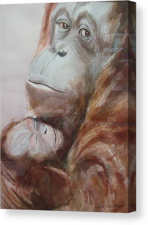 Orangutan Canvas Print featuring the painting Mother Love #1 by Edith Hunsberger