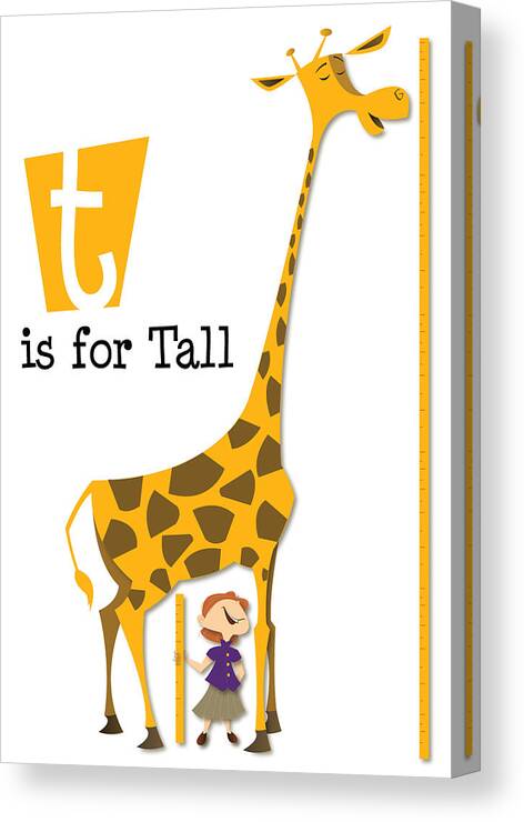 T Is For Tall Is Lighthearted Illustration That's A Perfect Image For A Young Child's Bedroom. Canvas Print featuring the digital art T is for Tall - Giraffe #1 by Andrew Fling