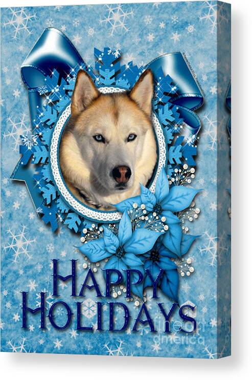 Siberian Husky Canvas Print featuring the digital art Christmas - Blue Snowflakes Siberian Husky by Renae Crevalle
