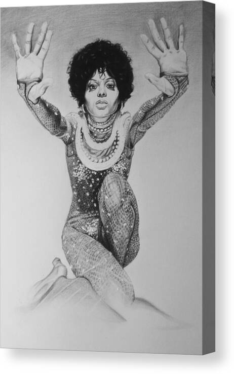 Diana Ross Supremes Singer Charcoal Black And White Portrait Canvas Print featuring the drawing Diana Ross by Steve Hunter