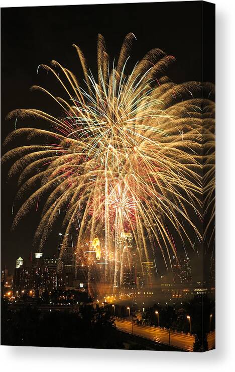 Fireworks Canvas Print featuring the photograph Golden Fireworks Over Minneapolis by Hermes Fine Art