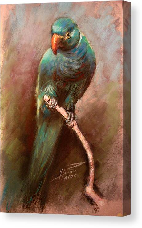 Green Parrot Canvas Print featuring the pastel Green Parrot by Ylli Haruni