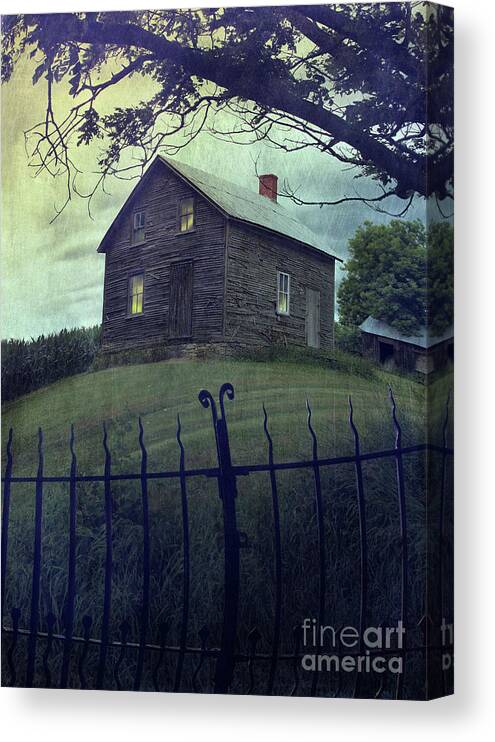 Abandon Canvas Print featuring the photograph Haunted house on a hill with grunge look by Sandra Cunningham