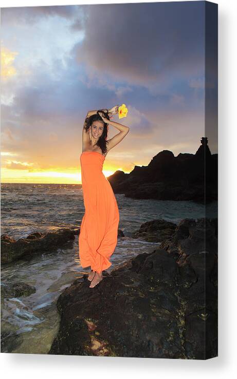 Beach Canvas Print featuring the photograph Model in Orange Dress by Tomas Del Amo - Printscapes