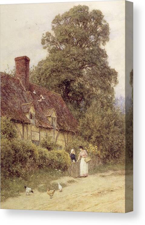 Cottage; Friends; Gate; Rural Scene; Country; Countryside; Path; Sunflowers; Wildflowers; Chickens; Picturesque; Idyllic; Timber Frame; Half-timbered; Female Canvas Print featuring the painting Old Post Office Brook near Witley Surrey by Helen Allingham