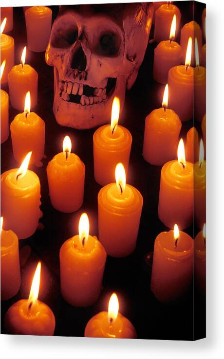 Skull Canvas Print featuring the photograph Skull and candles by Garry Gay