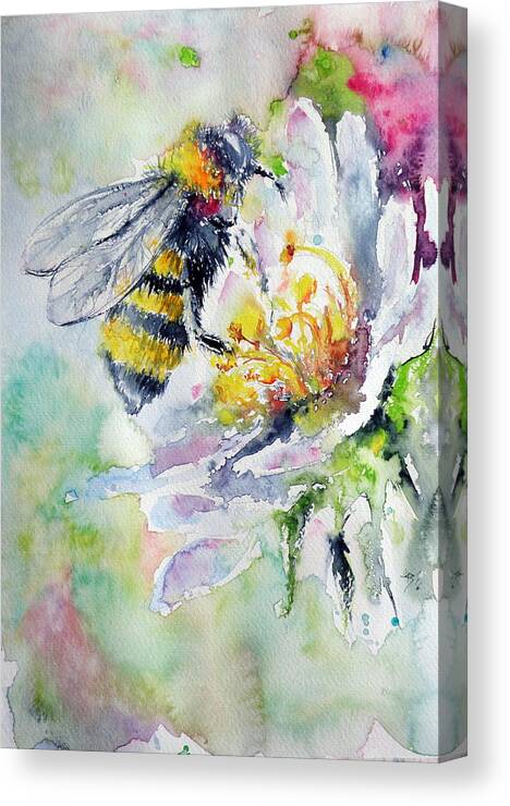 Bee Canvas Print featuring the painting Bee on flower #1 by Kovacs Anna Brigitta