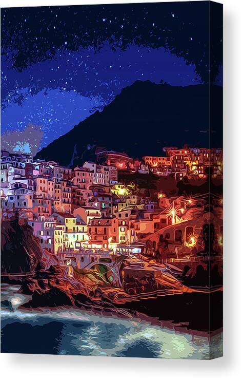 Manarola Italy Canvas Print featuring the painting Italy, Manarola at night #1 by AM FineArtPrints