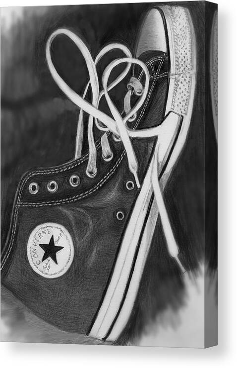 Shoe Canvas Print featuring the drawing My Son's Chuck Taylor Converse Shoe #1 by Carliss Mora