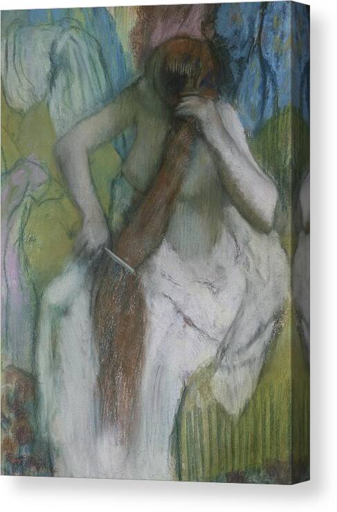 Female Canvas Print featuring the pastel Woman Combing her Hair by Edgar Degas