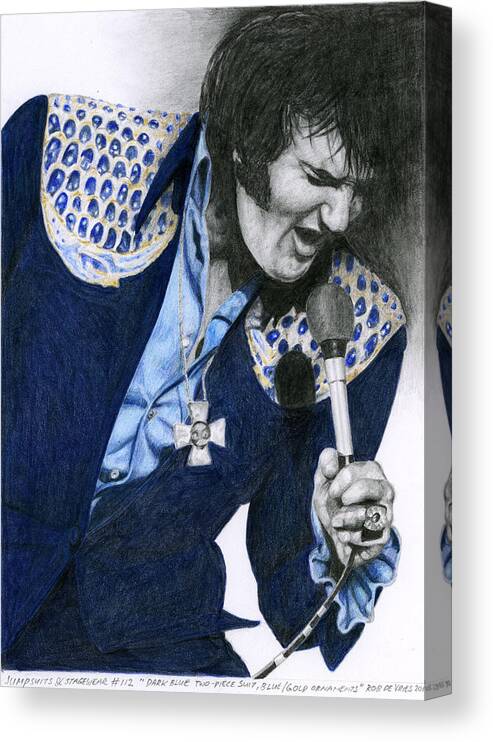 Elvis Canvas Print featuring the drawing 1975 Dark Blue Two Piece Suit Blue Gold Ornaments by Rob De Vries