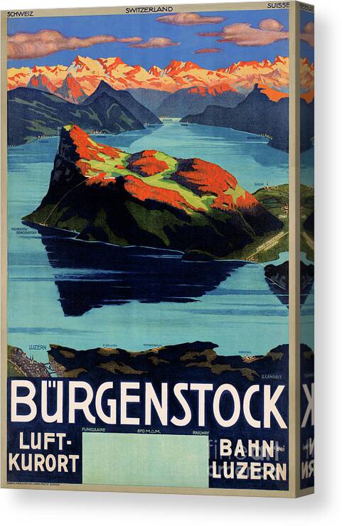 Travel Canvas Print featuring the drawing Switzerland Vintage Travel Poster Restored #4 by Vintage Treasure