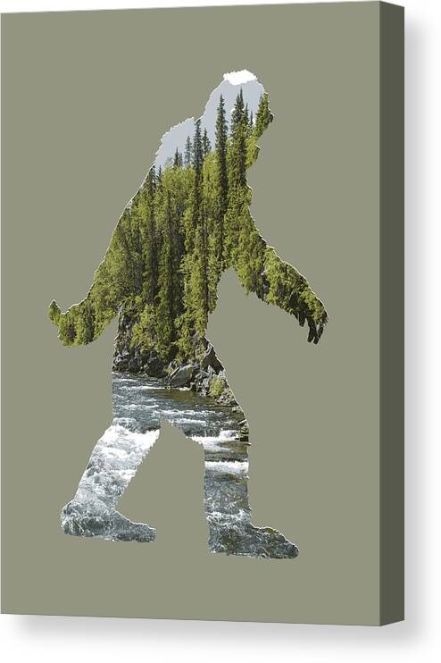Sasquatch Canvas Print featuring the digital art A Sasquatch Bigfoot Silhouette in The Wild River Rapids by Garaga Designs