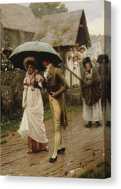 A Wet Sunday Morning Canvas Print featuring the painting A Wet Sunday Morning by Edmund Blair Leighton