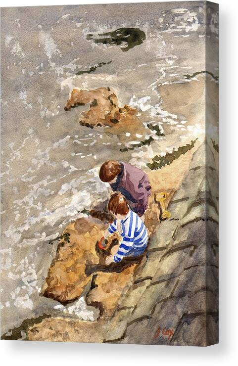 Water. Sea. Tide. Boys. Children. Coast. Beach. Coastal. Sand. Sea. Play. Canvas Print featuring the painting Against the tide by John Cox