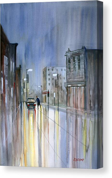 Street Scene Canvas Print featuring the painting Another Rainy Night by Ryan Radke