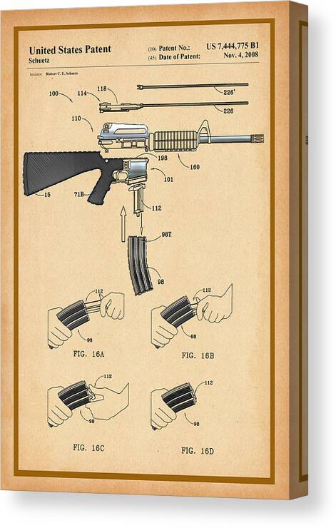 Gun Canvas Print featuring the digital art Ar-15 Patent Drawing by Carlos Diaz