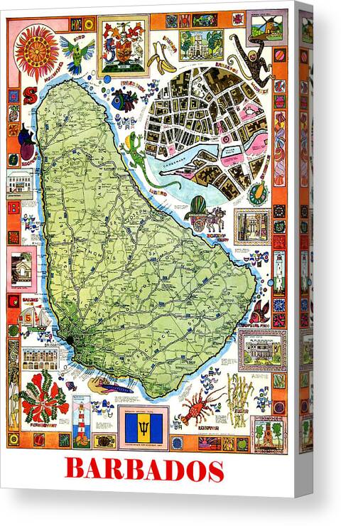 Barbados Canvas Print featuring the painting Barbados map with legends by Long Shot