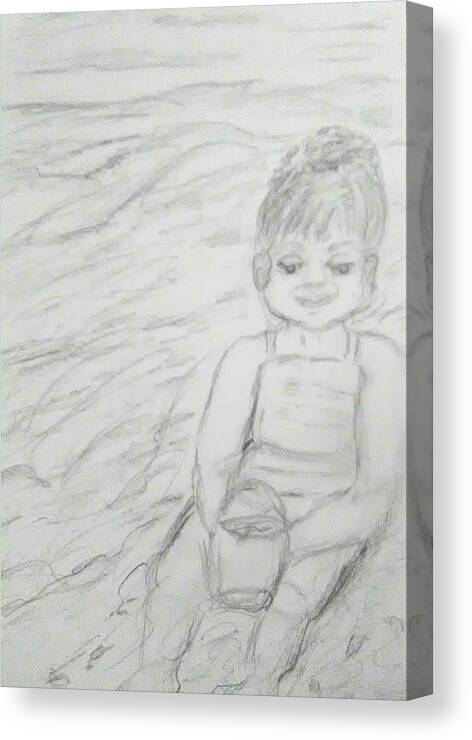 Children Canvas Print featuring the drawing  Beach Baby by Suzanne Berthier