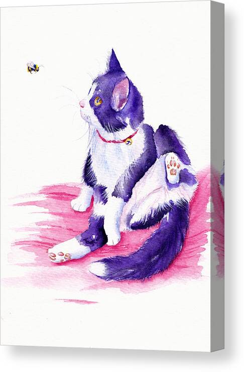 Black And White Cat Canvas Print featuring the painting Bee Interrupted - Tuxedo Cat by Debra Hall